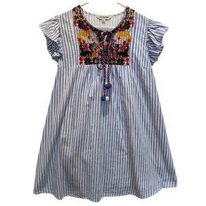 Davi & Dani Embroidered Blue Striped Boho Dress Size Small